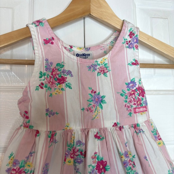 OshKosh B'gosh VTG Girls Pink White Stripe Floral Design Tie Back Dress Size 2T - Picture 2 of 11